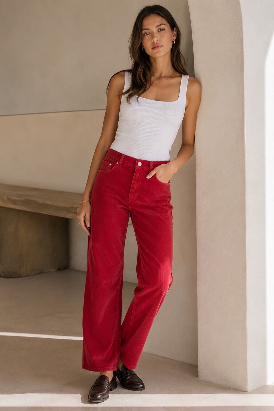 New with Tags La Ligne Corduroy Pants Red Wide Leg High Rise Sz 32 Cotton